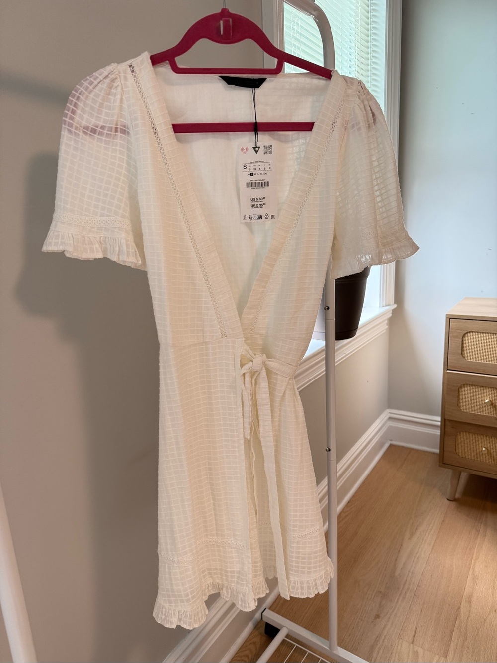 Zara Cream Textured Wrap Romper with Tie Waist